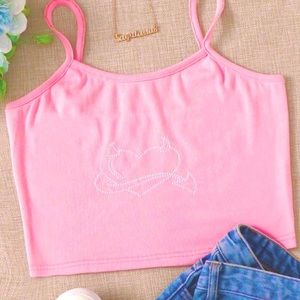 Embroidery devil heart ribbed crop tank top cami